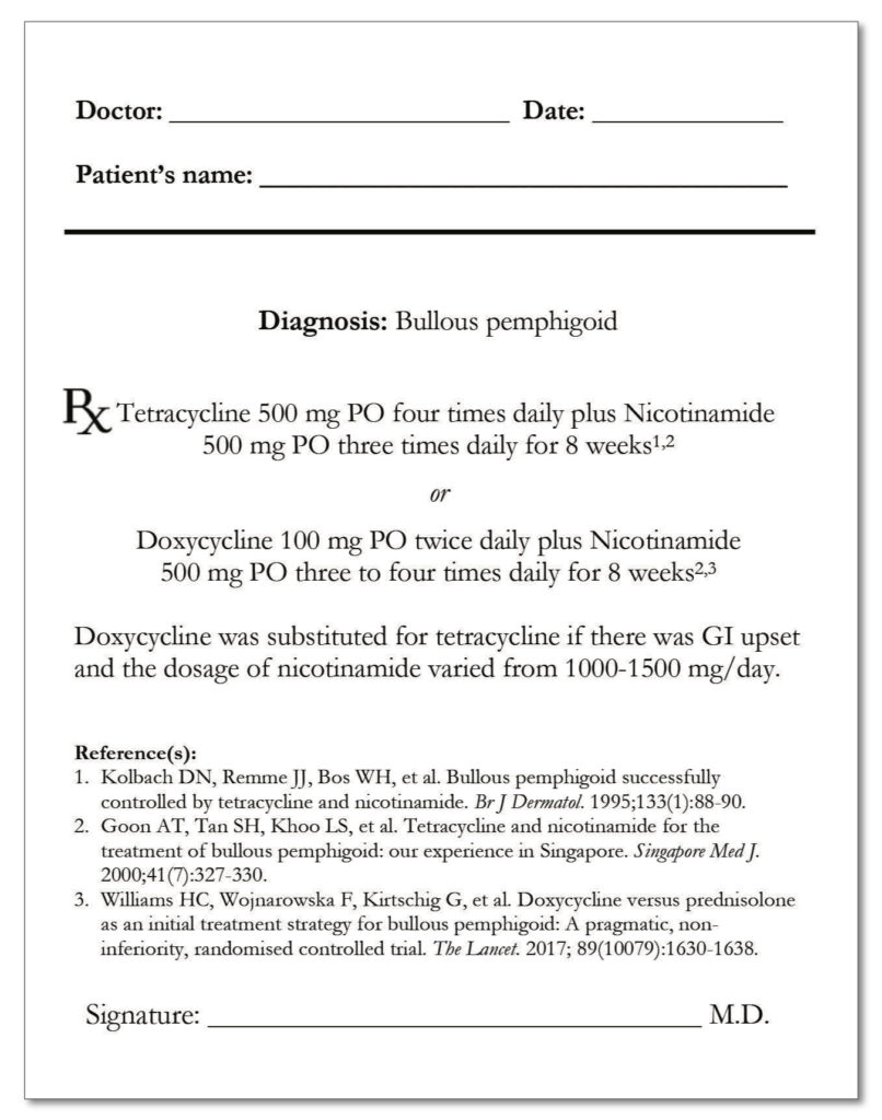 Sample prescribing sheet for practitioners for bullous pemphigoid.