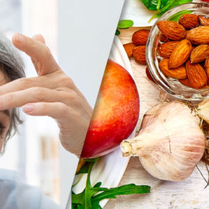 collage image of woman's aging face and healthy food