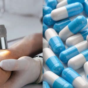 image of pills and dermatologist examining patient's skin