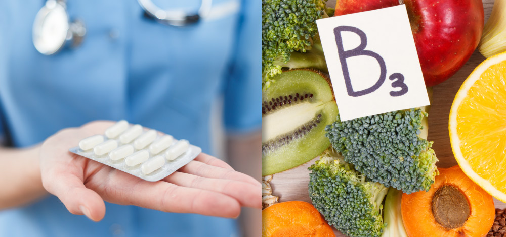 image of oral medication and foods that contain B3 vitamin
