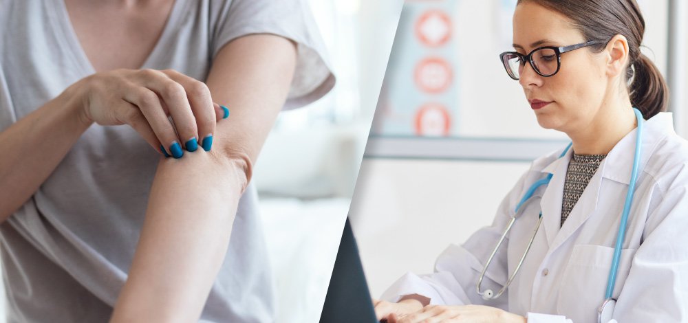 image collage of a psoriasis patient and a female doctor reading online article