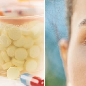 collage image of woman's face, brow closeup and medecine