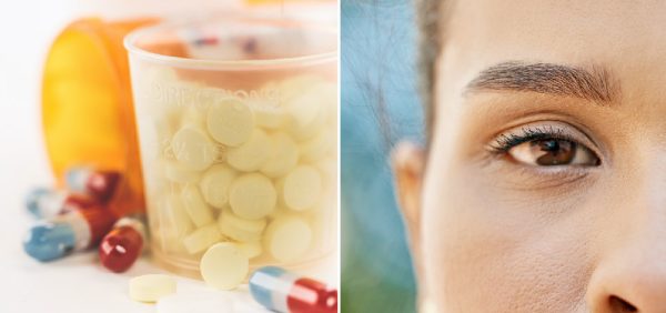 collage image of woman's face, brow closeup and medecine