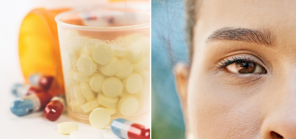 collage image of woman's face, brow closeup and medecine
