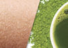 collage picture of green tea extract and human skin