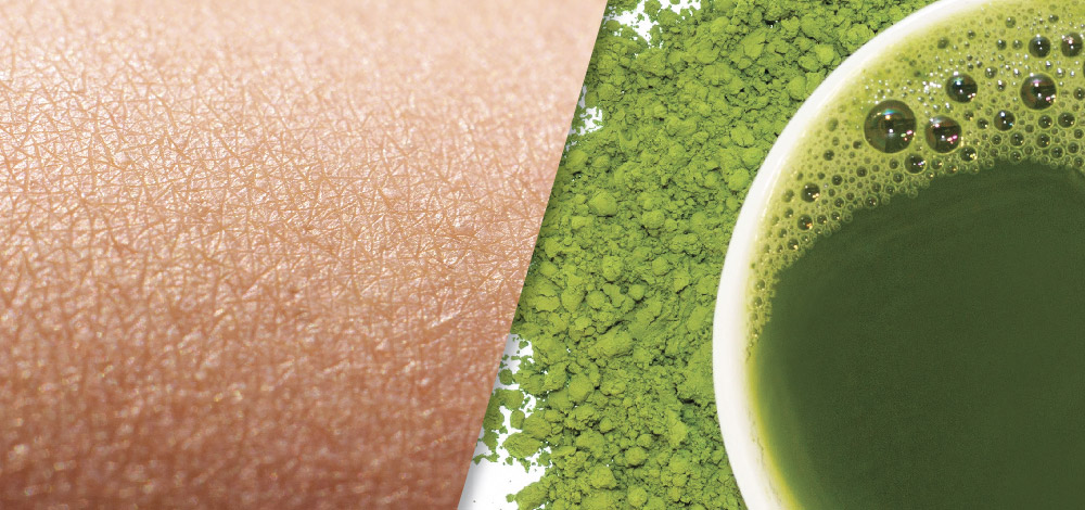 collage picture of green tea extract and human skin